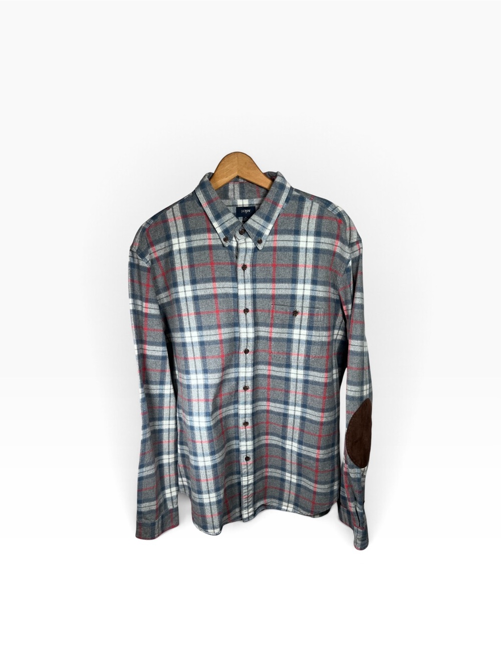 J. Crew Men's Gray Plaid Button-Up 100% Cotton Shirt with Brown Elbow Patches XL